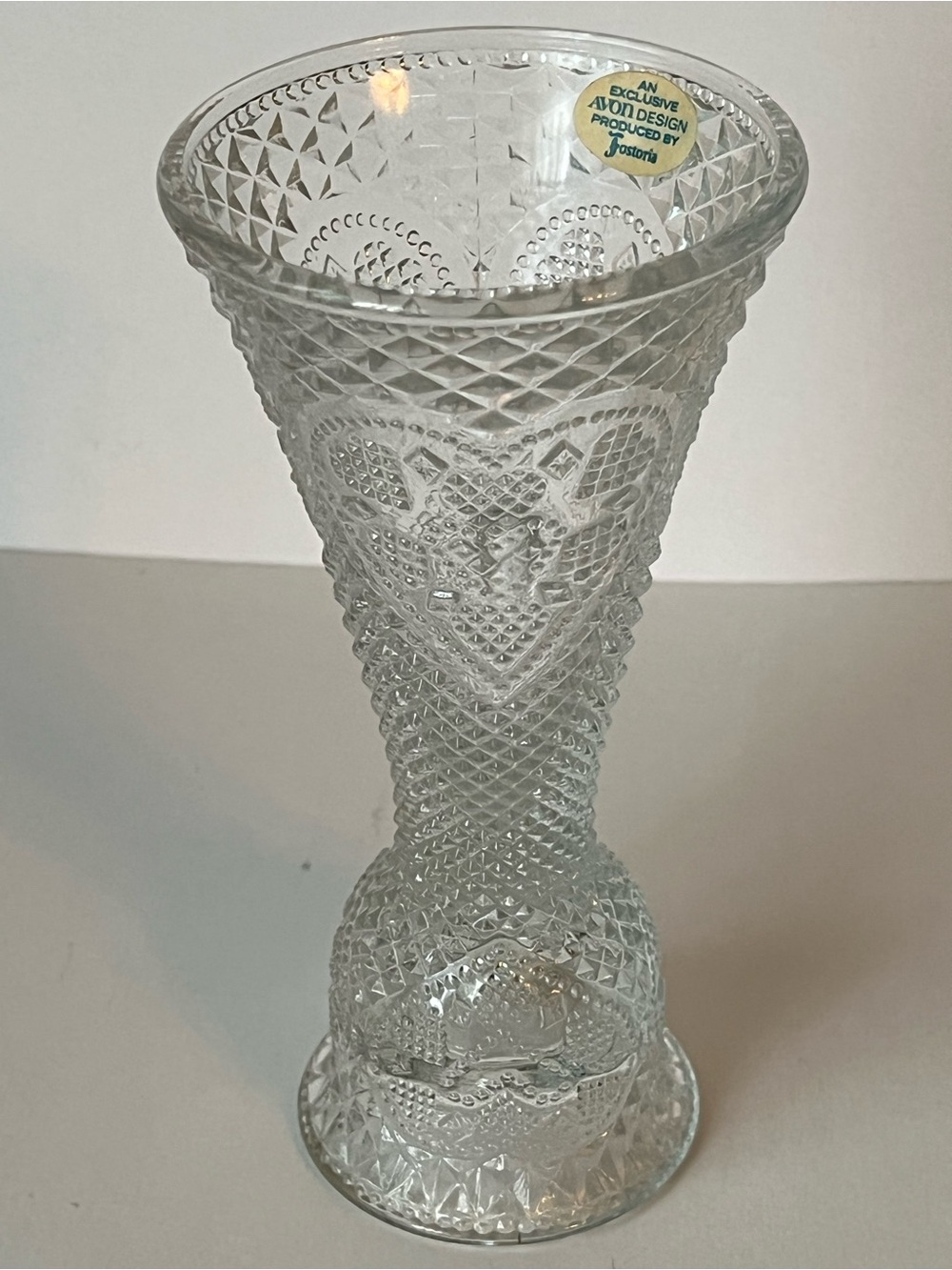 Vintage 1979 Fostoria for Avon Reversible clear pressed glass vase/candle holder